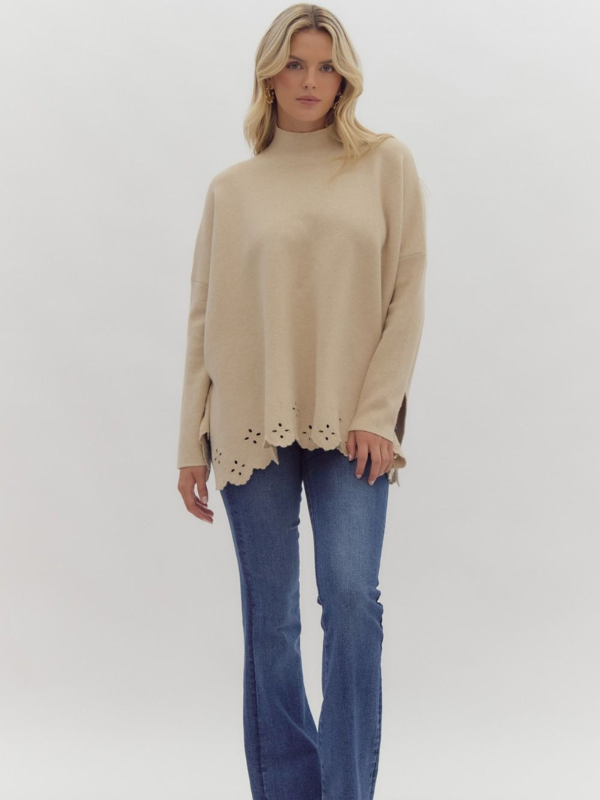 Oatmeal Mock Neck Eyelet Sweater - Themasonboutique