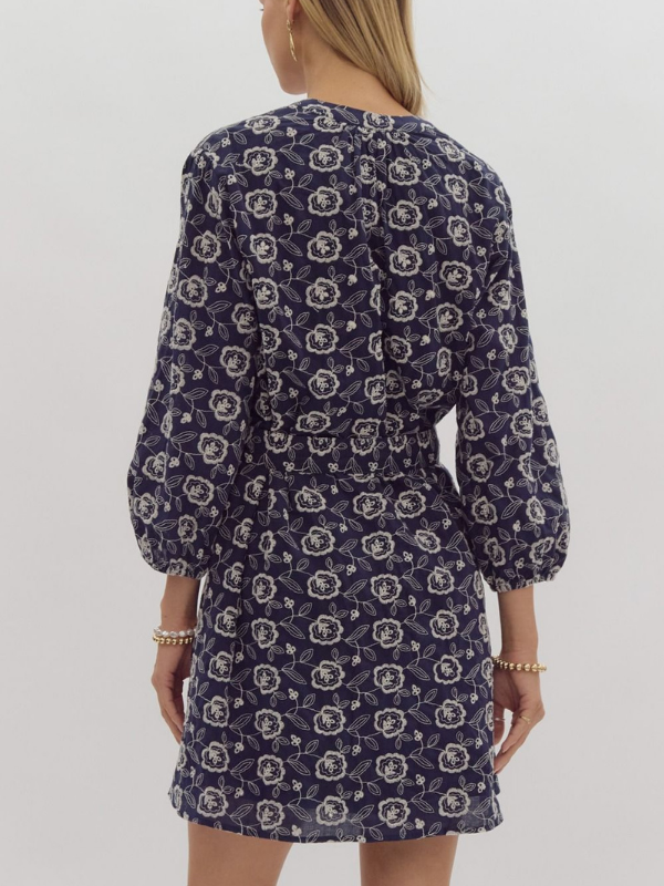 Navy & Cream Floral Tie Mini Dress - Themasonboutique