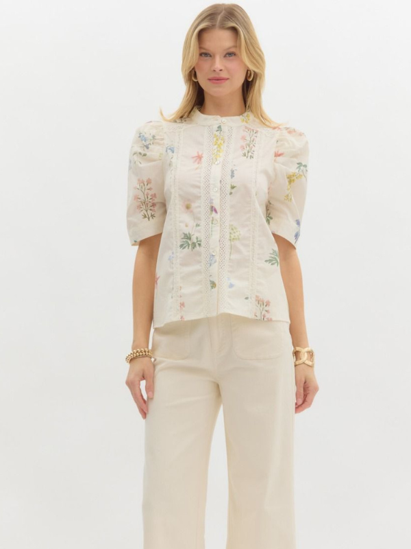 Cream Flower Puff Sleeve Top