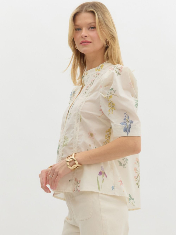 Cream Flower Puff Sleeve Top