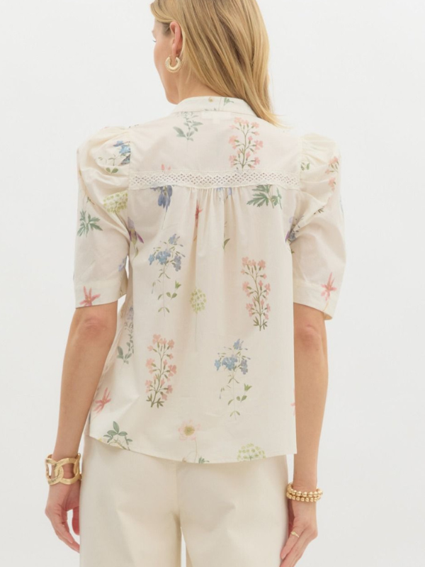 Cream Flower Puff Sleeve Top