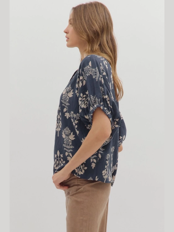 Navy Botanical Dolman Sleeve Top