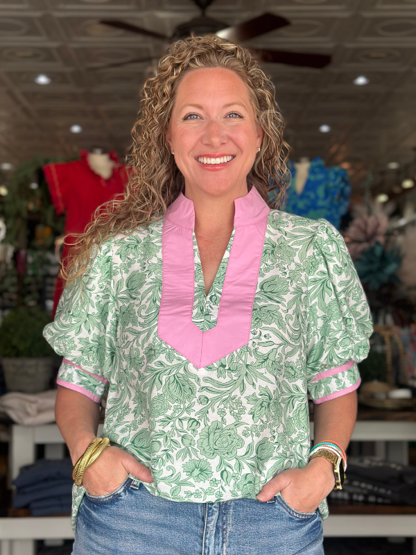 Green + Pink Floral Print Puff Sleeve Top