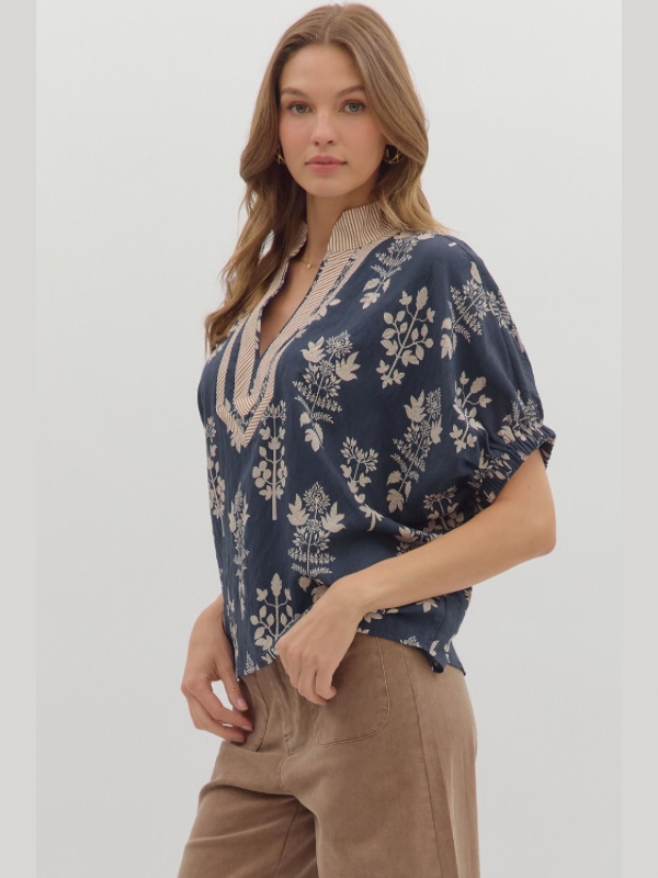 Navy Botanical Dolman Sleeve Top
