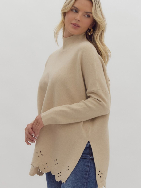 Oatmeal Mock Neck Eyelet Sweater - Themasonboutique