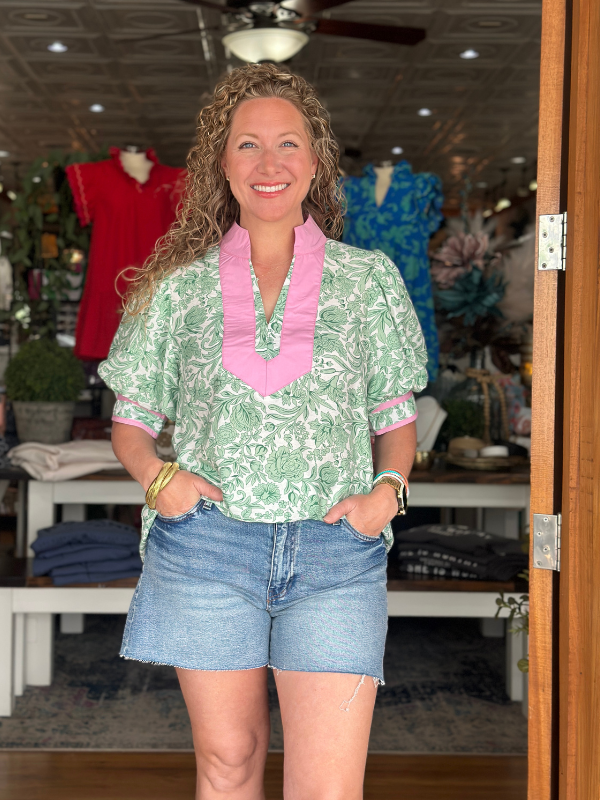 Green + Pink Floral Print Puff Sleeve Top