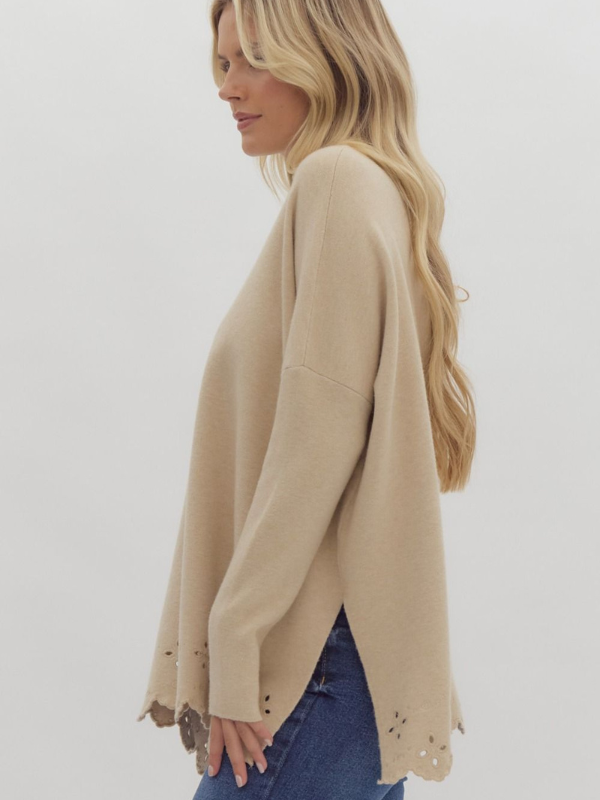 Oatmeal Mock Neck Eyelet Sweater - Themasonboutique