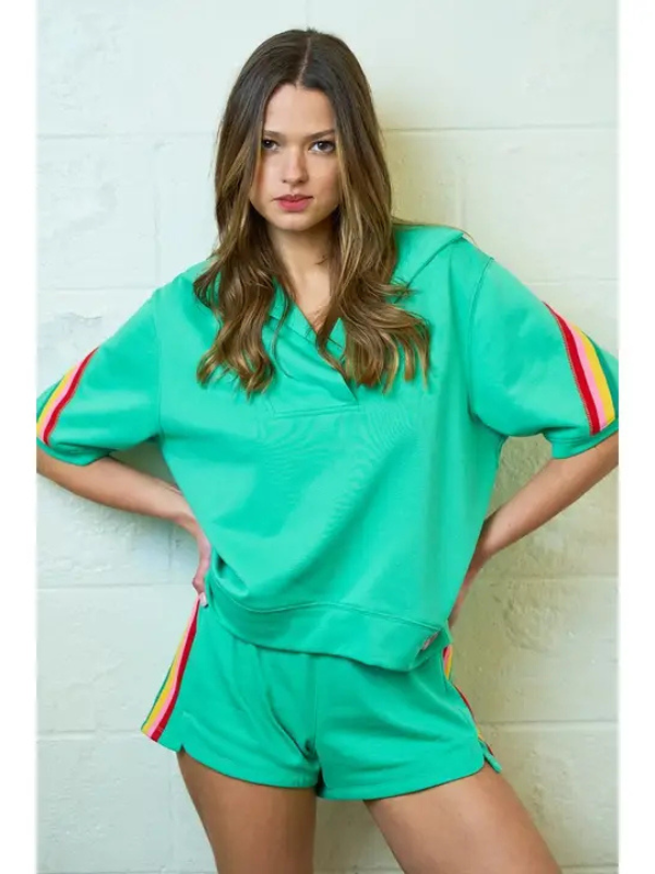 Apple Green & Colorful Striped Placket Top