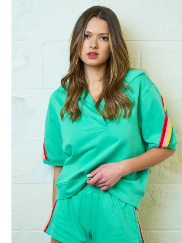 Apple Green & Colorful Striped Placket Top