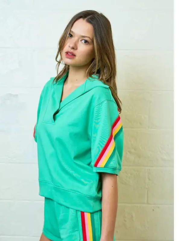 Apple Green & Colorful Striped Placket Top