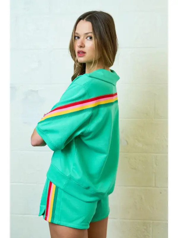 Apple Green & Colorful Striped Placket Top