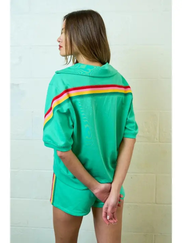 Apple Green & Colorful Striped Placket Top