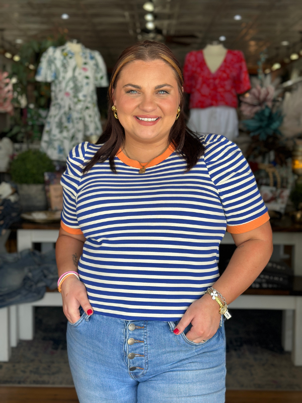 Blue + Orange Striped Contrast Collar Top