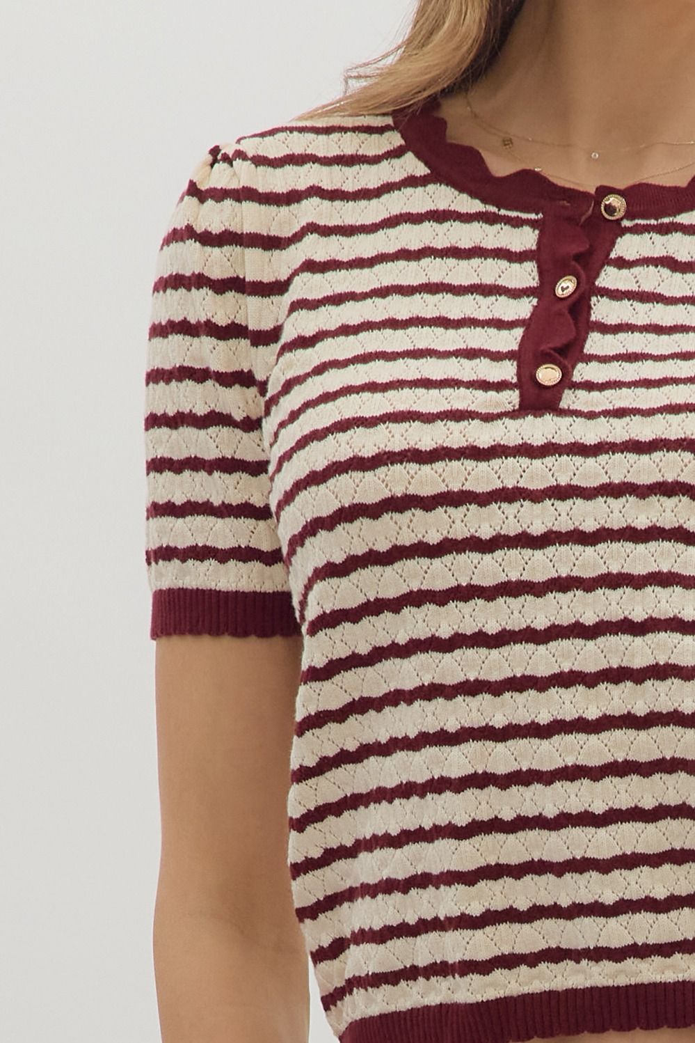 Burgundy Stripe Short Sleeve Knit Sweater