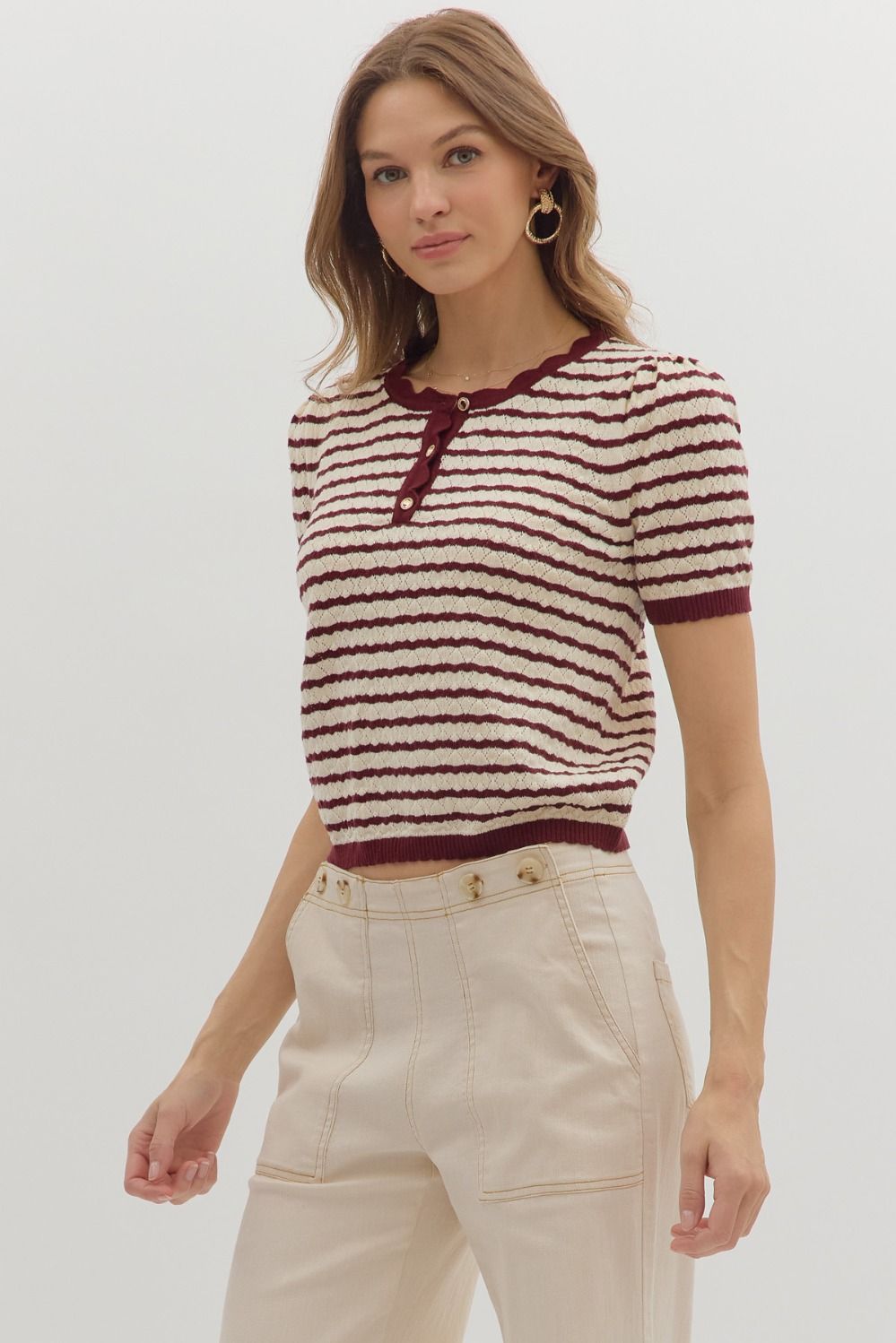 Burgundy Stripe Short Sleeve Knit Sweater