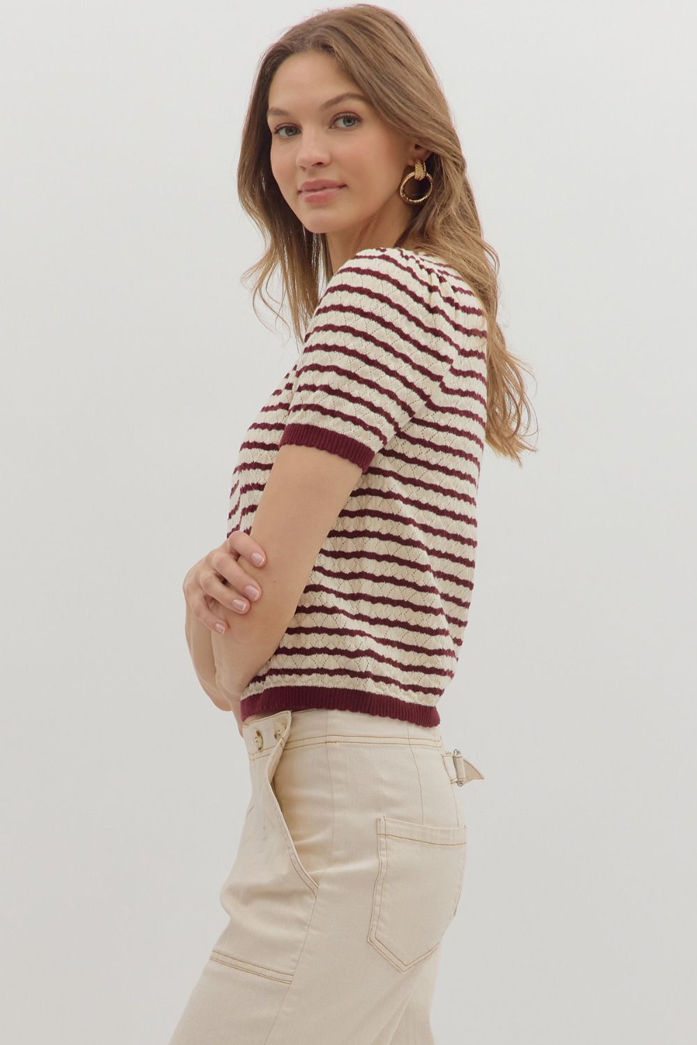 Burgundy Stripe Short Sleeve Knit Sweater