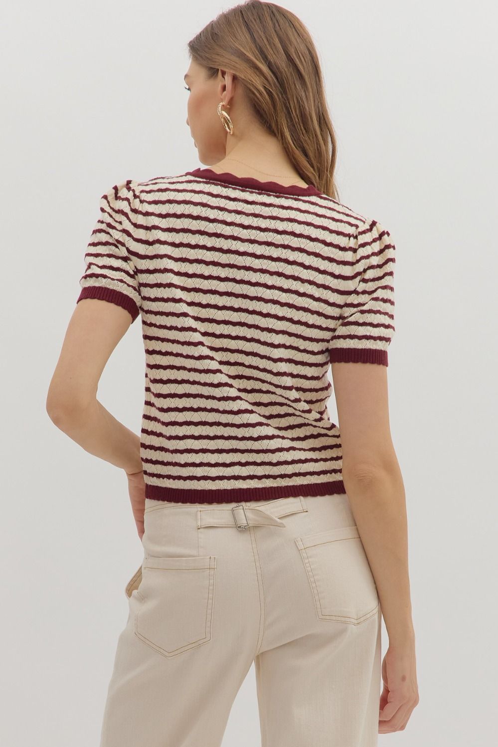 Burgundy Stripe Short Sleeve Knit Sweater