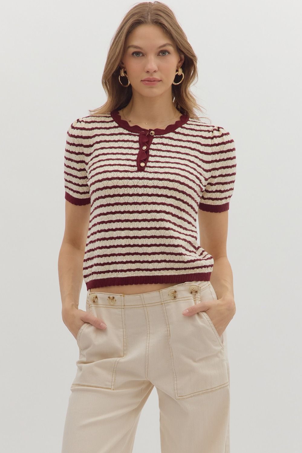 Burgundy Stripe Short Sleeve Knit Sweater