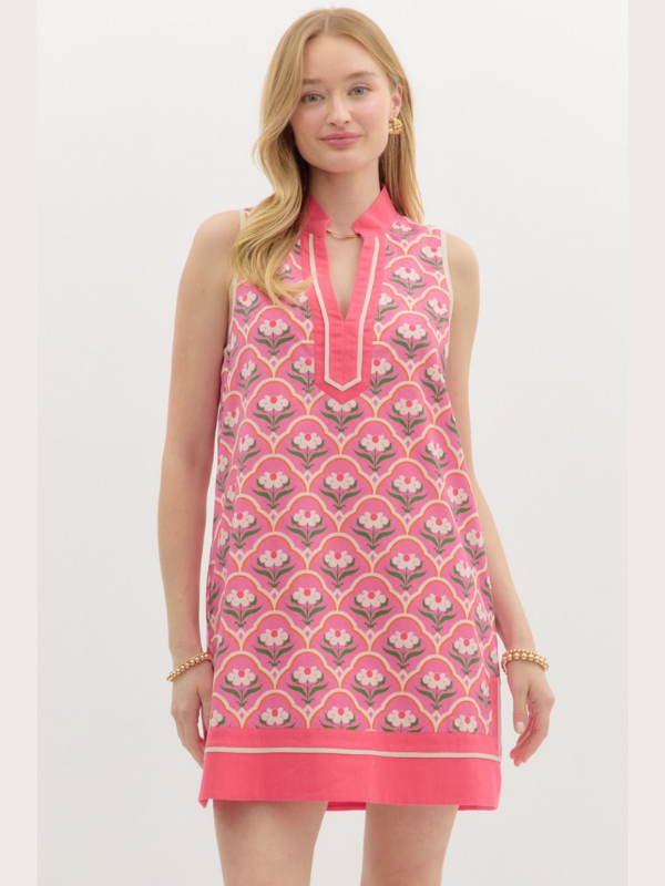 Pink Floral Scallop Print Mini Dress
