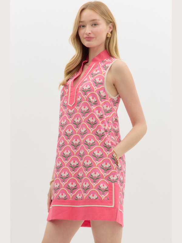 Pink Floral Scallop Print Mini Dress