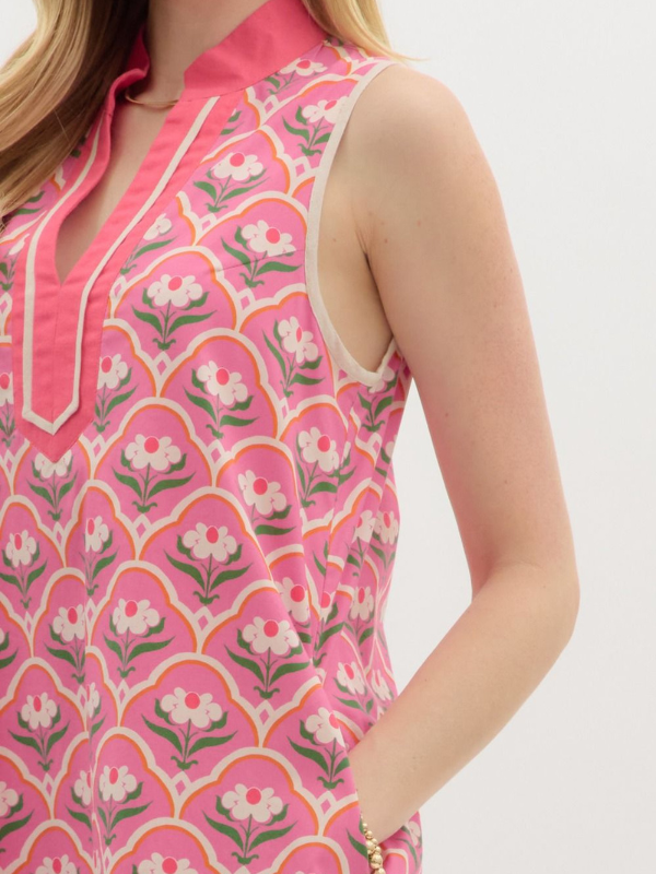 Pink Floral Scallop Print Mini Dress