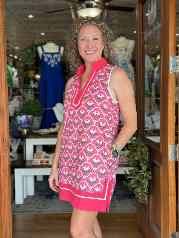 Pink Floral Scallop Print Mini Dress
