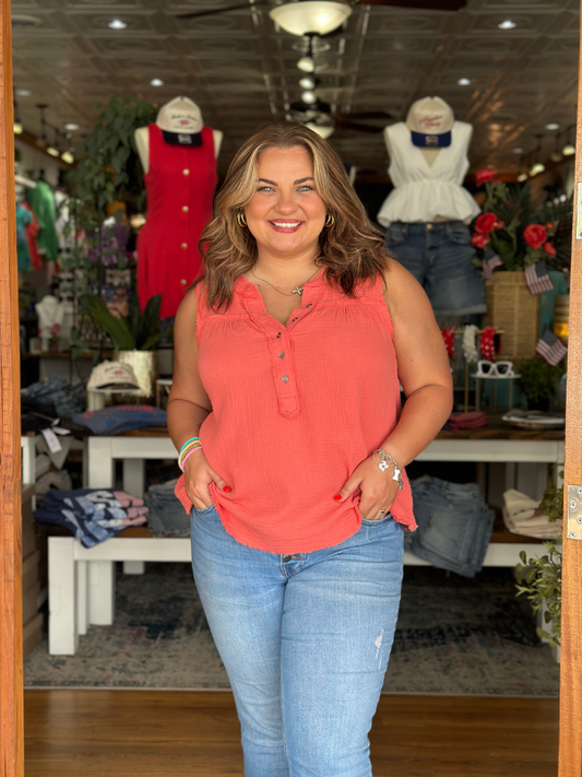 Coral Gauze Henley Top