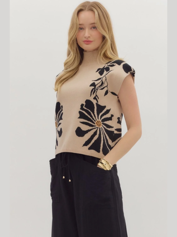Ecru High Neck Floral Sweater