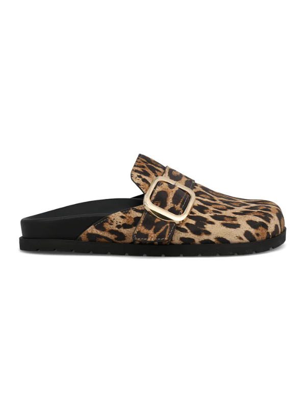Leopard print sandal with a gold buckle on a white background