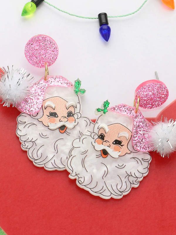 Glittered Resin Pom Santa Dangle Earrings - Pink