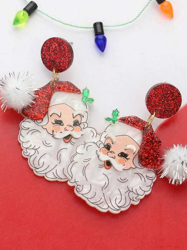 Glittered Resin Pom Santa Dangle Earrings - Red