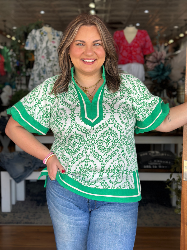 Green + White Floral Top