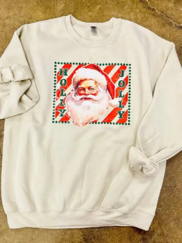 Beige sweatshirt with a graphic of Santa Claus and text on a brown background