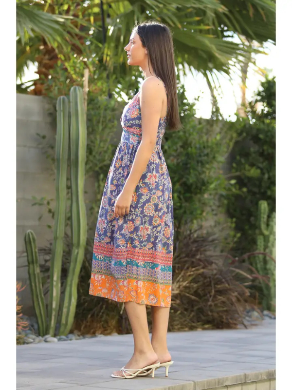 Indigo Floral Twist Front Midi Dress