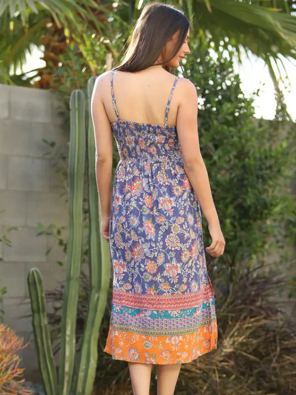 Indigo Floral Twist Front Midi Dress