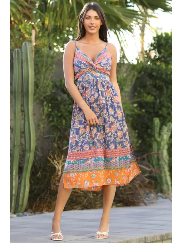 Indigo Floral Twist Front Midi Dress
