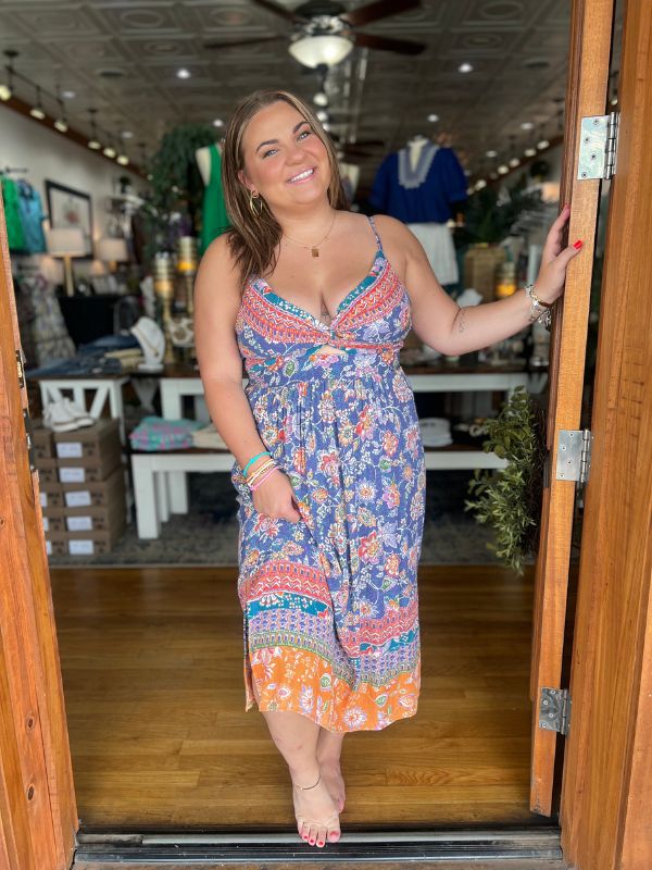 Indigo Floral Twist Front Midi Dress