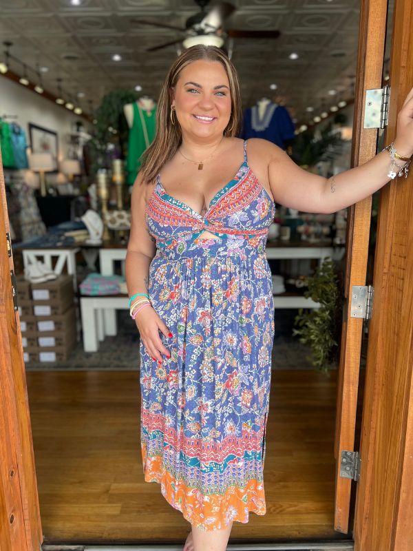 Indigo Floral Twist Front Midi Dress