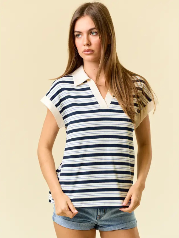 Ivory & Navy Stripe V-Neck Top