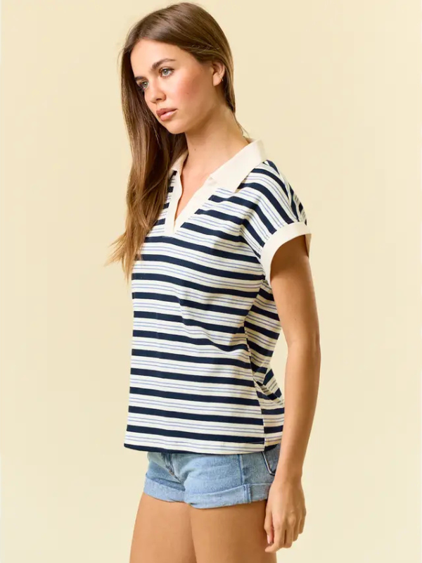 Ivory & Navy Stripe V-Neck Top