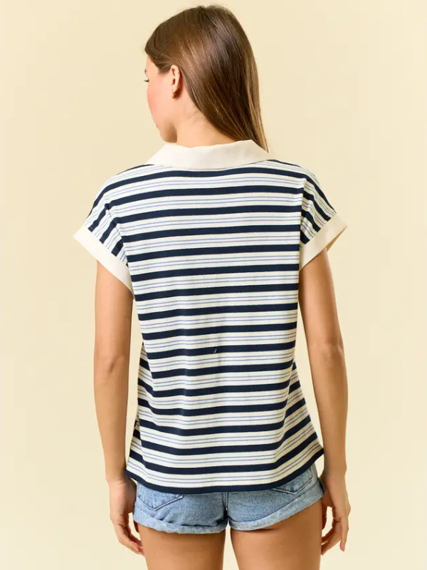 Ivory & Navy Stripe V-Neck Top