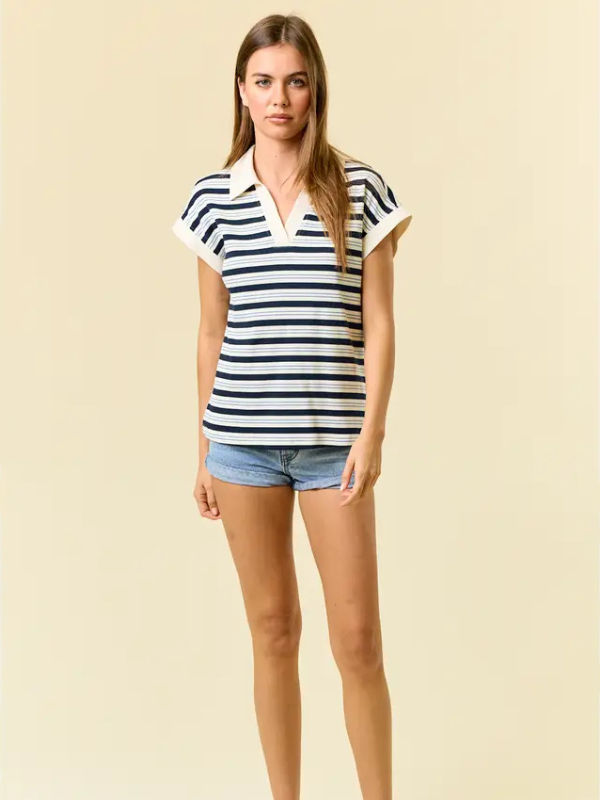 Ivory & Navy Stripe V-Neck Top