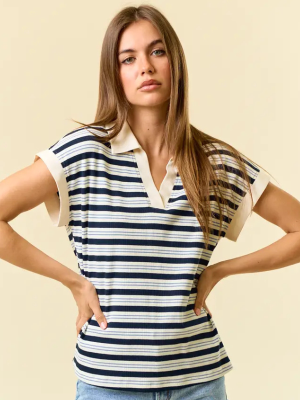 Ivory & Navy Stripe V-Neck Top