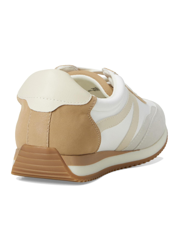 Beige and white sneaker with brown sole on a white background
