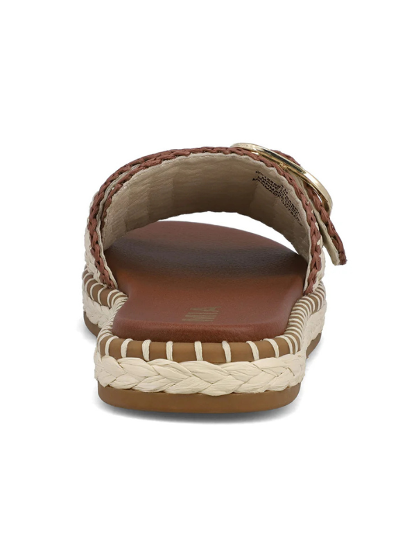 Brown sandal with braided strap on a white background