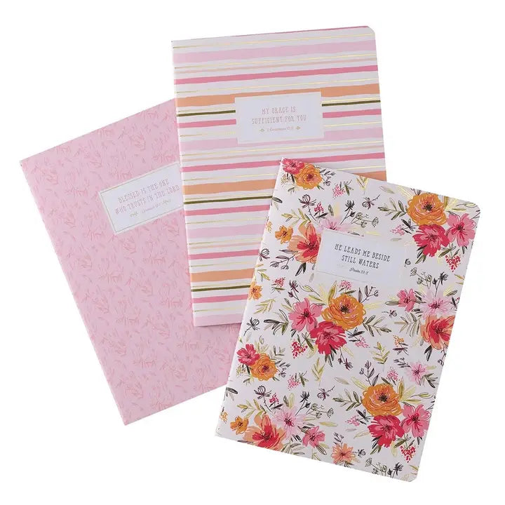 He Leads Me Psalm 23:2 - Pink Floral Notebook Set
