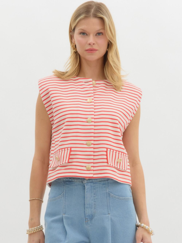 Red Striped + Gold Button Top