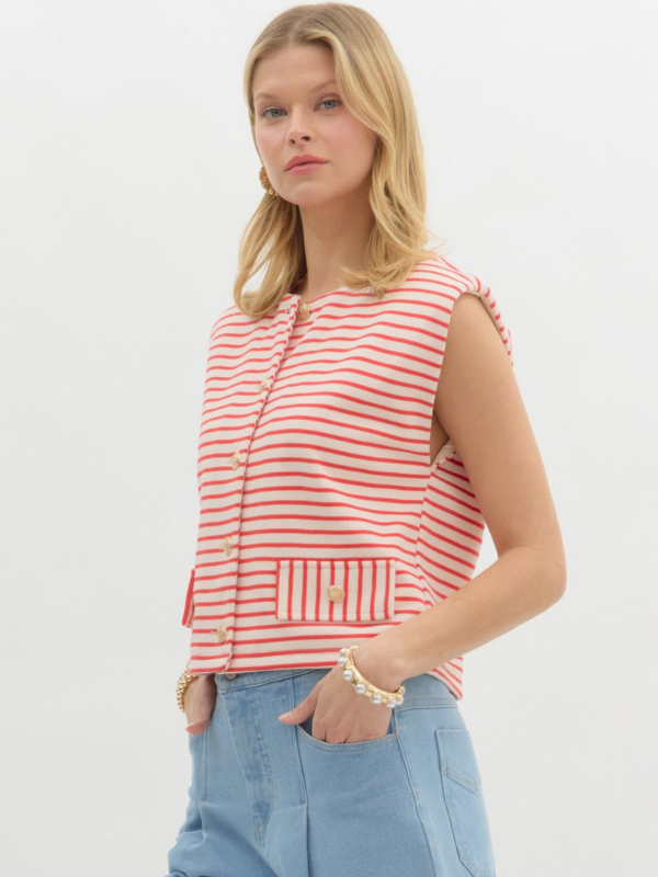 Red Striped + Gold Button Top