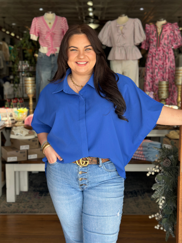 Royal Blue Button Up Collared Top