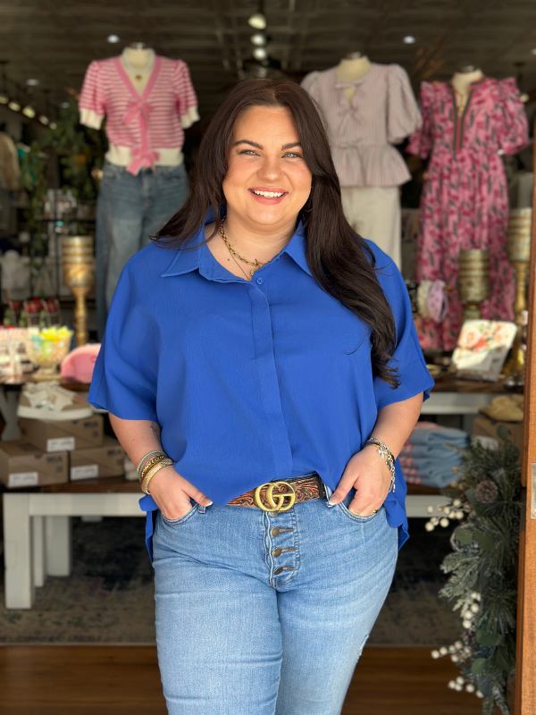Royal Blue Button Up Collared Top